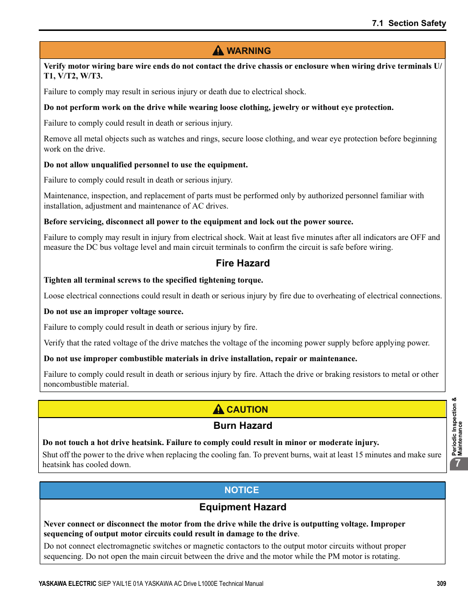 Fire hazard, Burn hazard, Equipment hazard | Yaskawa L1000E AC Drive Technical Manual for CIMR-LE Models for Elevator Applications User Manual | Page 309 / 488