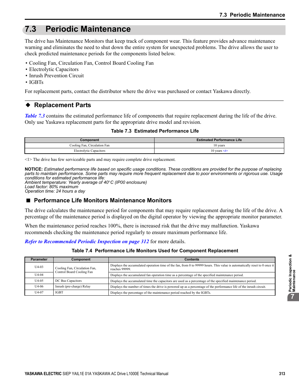 3 periodic maintenance, Replacement parts, Performance life monitors maintenance monitors | Yaskawa L1000E AC Drive Technical Manual for CIMR-LE Models for Elevator Applications User Manual | Page 313 / 488