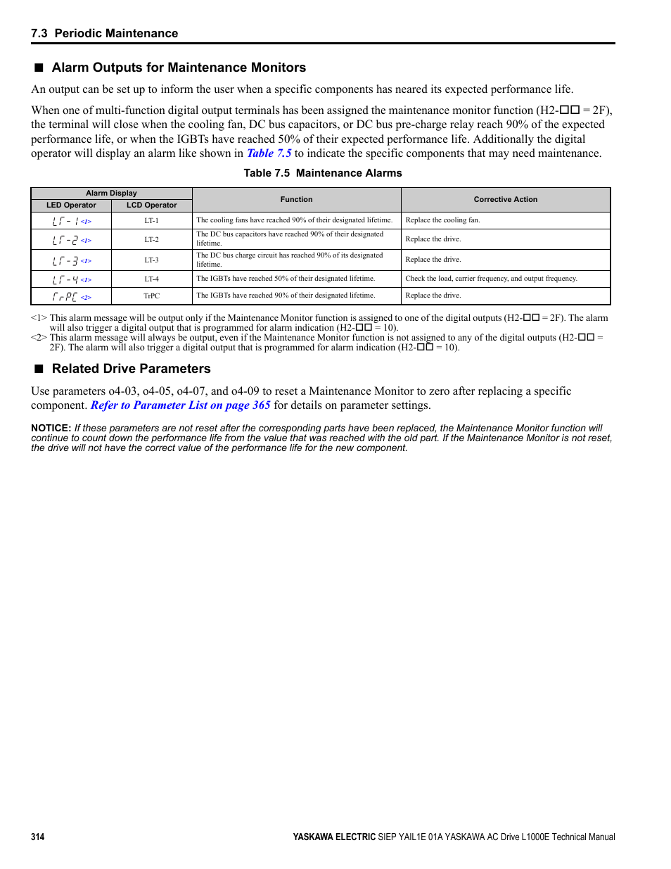 Alarm outputs for maintenance monitors, Related drive parameters, 3 periodic maintenance | Yaskawa L1000E AC Drive Technical Manual for CIMR-LE Models for Elevator Applications User Manual | Page 314 / 488