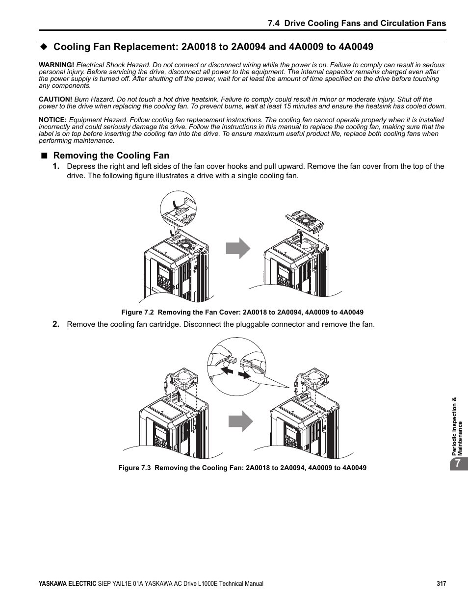 Removing the cooling fan, Yea _tm only yea _tm only | Yaskawa L1000E AC Drive Technical Manual for CIMR-LE Models for Elevator Applications User Manual | Page 317 / 488