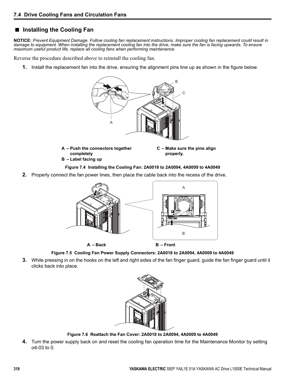 Installing the cooling fan, Yea _tm only | Yaskawa L1000E AC Drive Technical Manual for CIMR-LE Models for Elevator Applications User Manual | Page 318 / 488