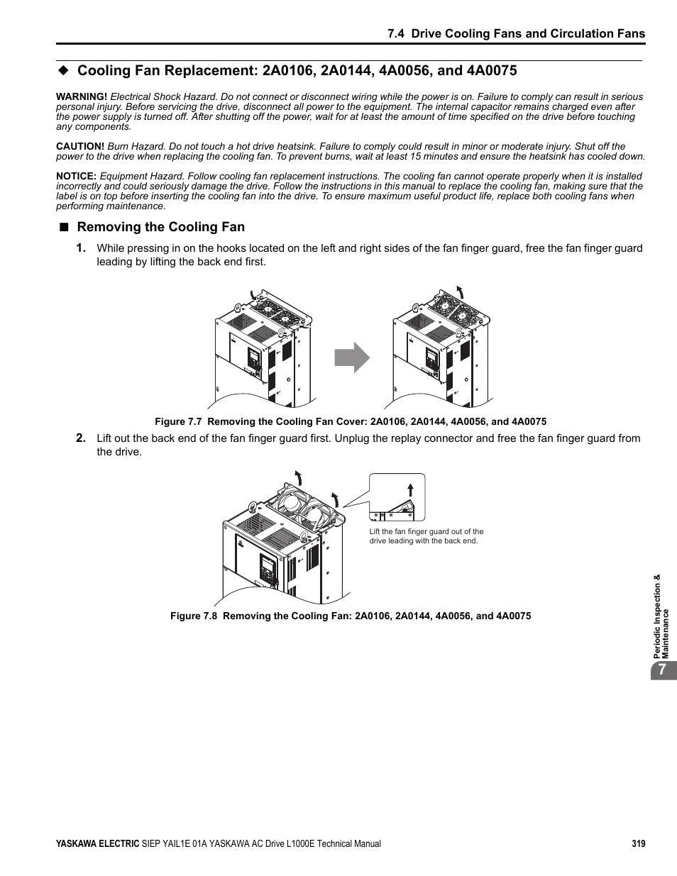 Removing the cooling fan, Yea_ tmonly, Yea_tmonl | 4 drive cooling fans and circulation fans | Yaskawa L1000E AC Drive Technical Manual for CIMR-LE Models for Elevator Applications User Manual | Page 319 / 488