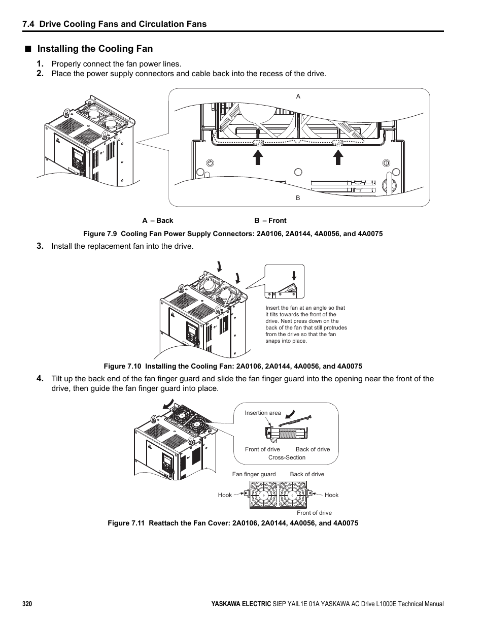 Installing the cooling fan, Yea_tmonl y, Yea_tm only | Yea_ tmonly, 4 drive cooling fans and circulation fans | Yaskawa L1000E AC Drive Technical Manual for CIMR-LE Models for Elevator Applications User Manual | Page 320 / 488