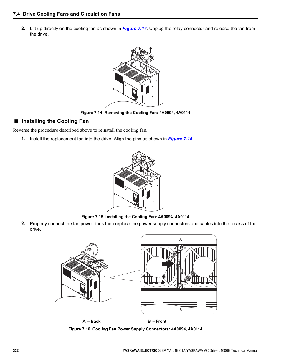 Installing the cooling fan, Yea_ tmonly yea_tm only, Yea_tmonl y | Yaskawa L1000E AC Drive Technical Manual for CIMR-LE Models for Elevator Applications User Manual | Page 322 / 488