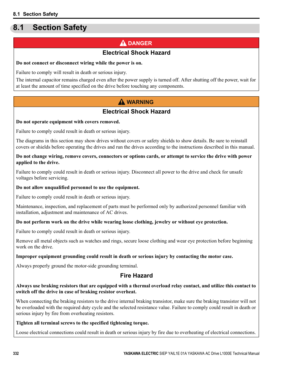 1 section safety | Yaskawa L1000E AC Drive Technical Manual for CIMR-LE Models for Elevator Applications User Manual | Page 332 / 488