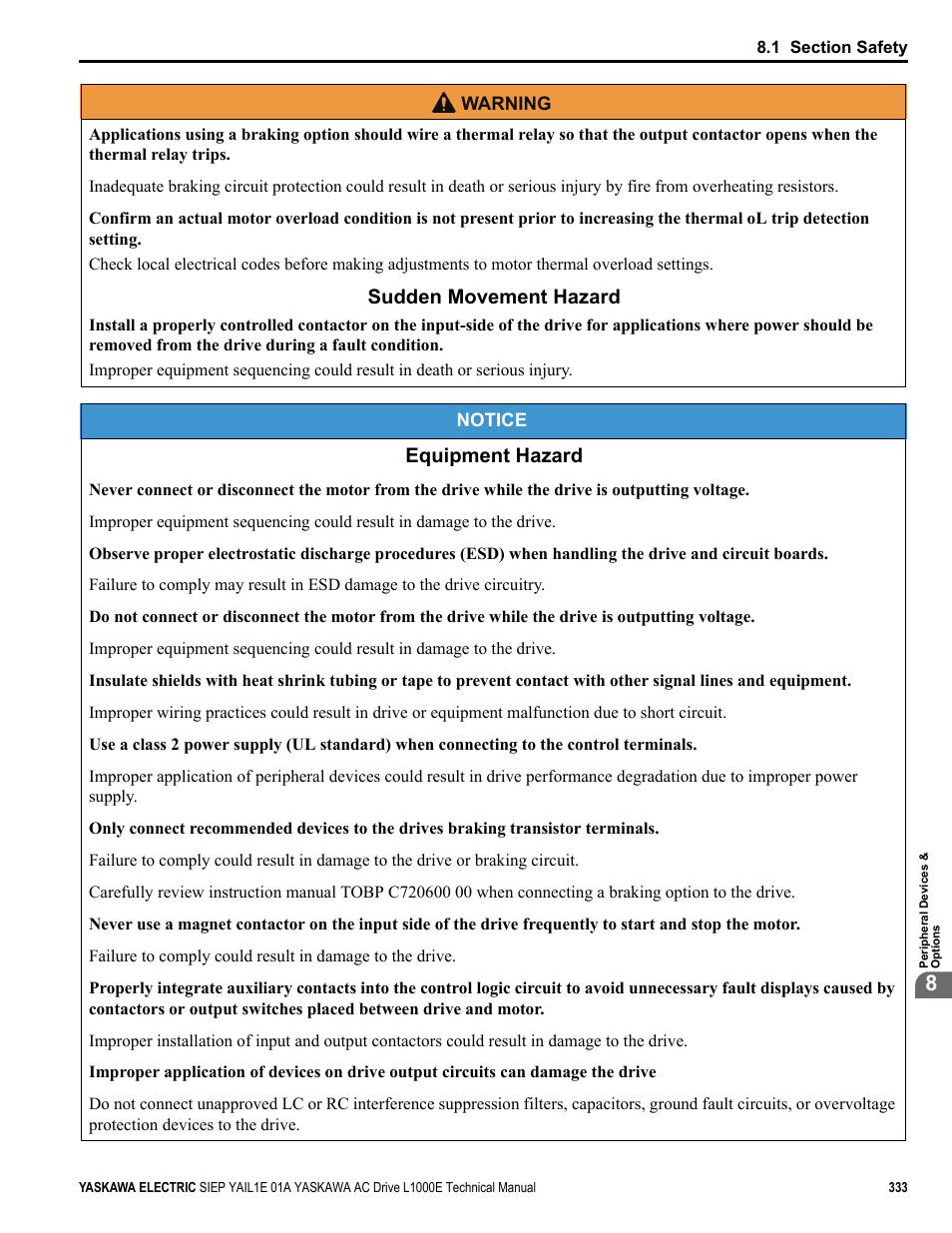 Sudden movement hazard, Equipment hazard | Yaskawa L1000E AC Drive Technical Manual for CIMR-LE Models for Elevator Applications User Manual | Page 333 / 488