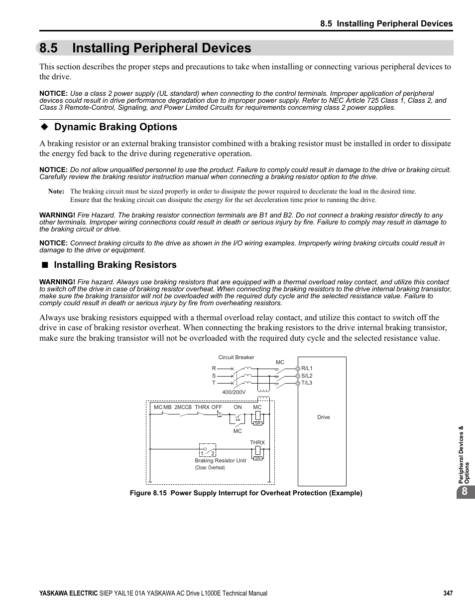 5 installing peripheral devices, Dynamic braking options, Installing braking resistors | Yea_tmonly | Yaskawa L1000E AC Drive Technical Manual for CIMR-LE Models for Elevator Applications User Manual | Page 347 / 488