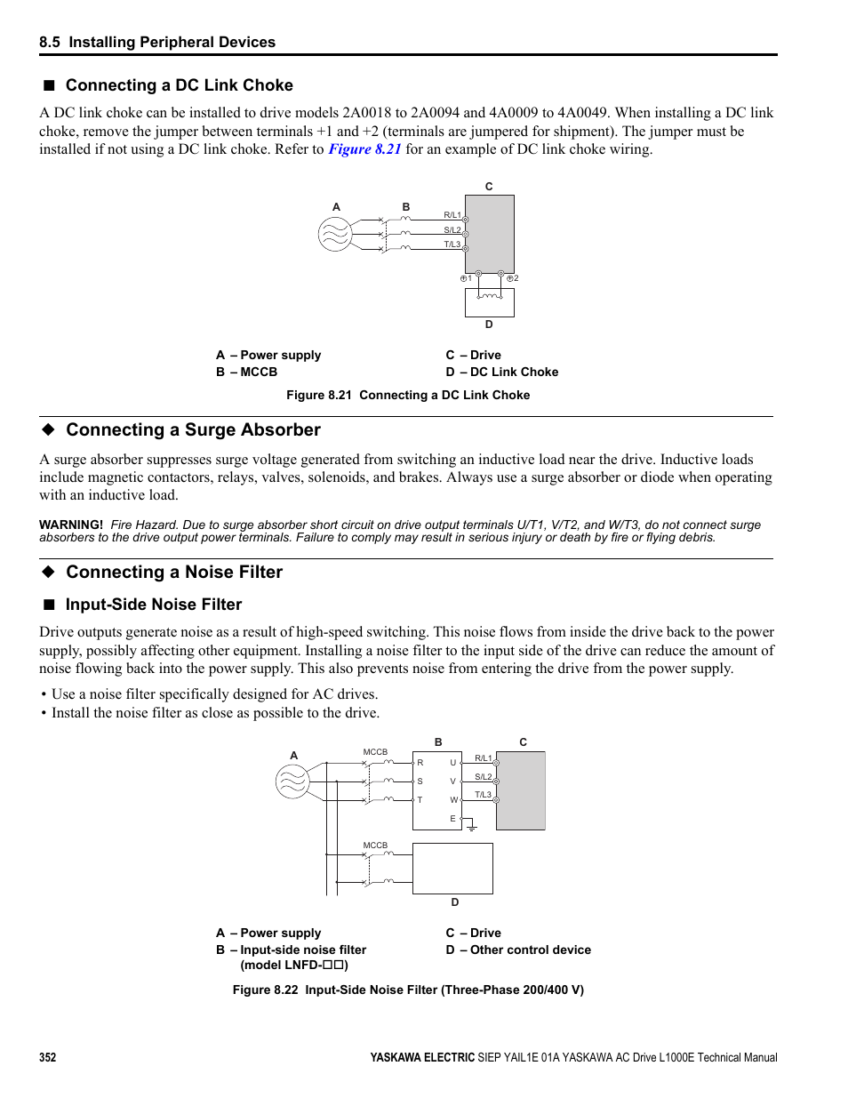 Connecting a surge absorber, Connecting a noise filter, Connecting a dc link choke | Input-side noise filter, Y e a _tm only, 5 installing peripheral devices | Yaskawa L1000E AC Drive Technical Manual for CIMR-LE Models for Elevator Applications User Manual | Page 352 / 488