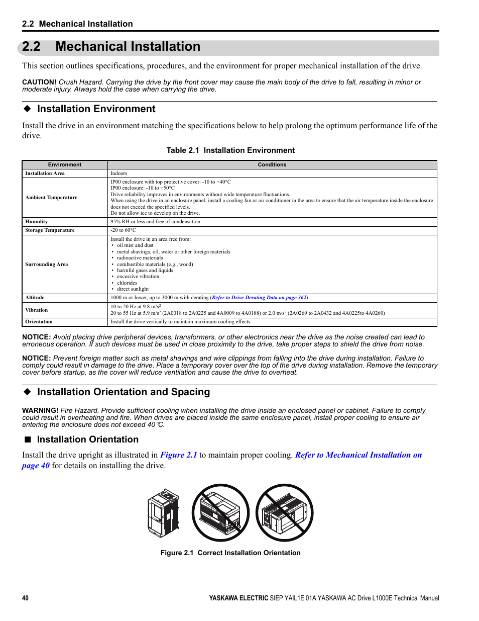 2 mechanical installation, Installation environment, Installation orientation and spacing | Installation orientation | Yaskawa L1000E AC Drive Technical Manual for CIMR-LE Models for Elevator Applications User Manual | Page 40 / 488