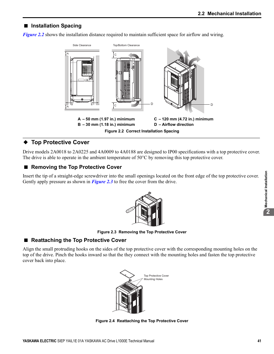 Top protective cover, Installation spacing, Removing the top protective cover | Reattaching the top protective cover, Yea_comm, Yea_tmonly | Yaskawa L1000E AC Drive Technical Manual for CIMR-LE Models for Elevator Applications User Manual | Page 41 / 488