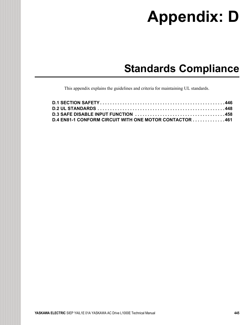 Standards compliance, Appendix: d | Yaskawa L1000E AC Drive Technical Manual for CIMR-LE Models for Elevator Applications User Manual | Page 445 / 488