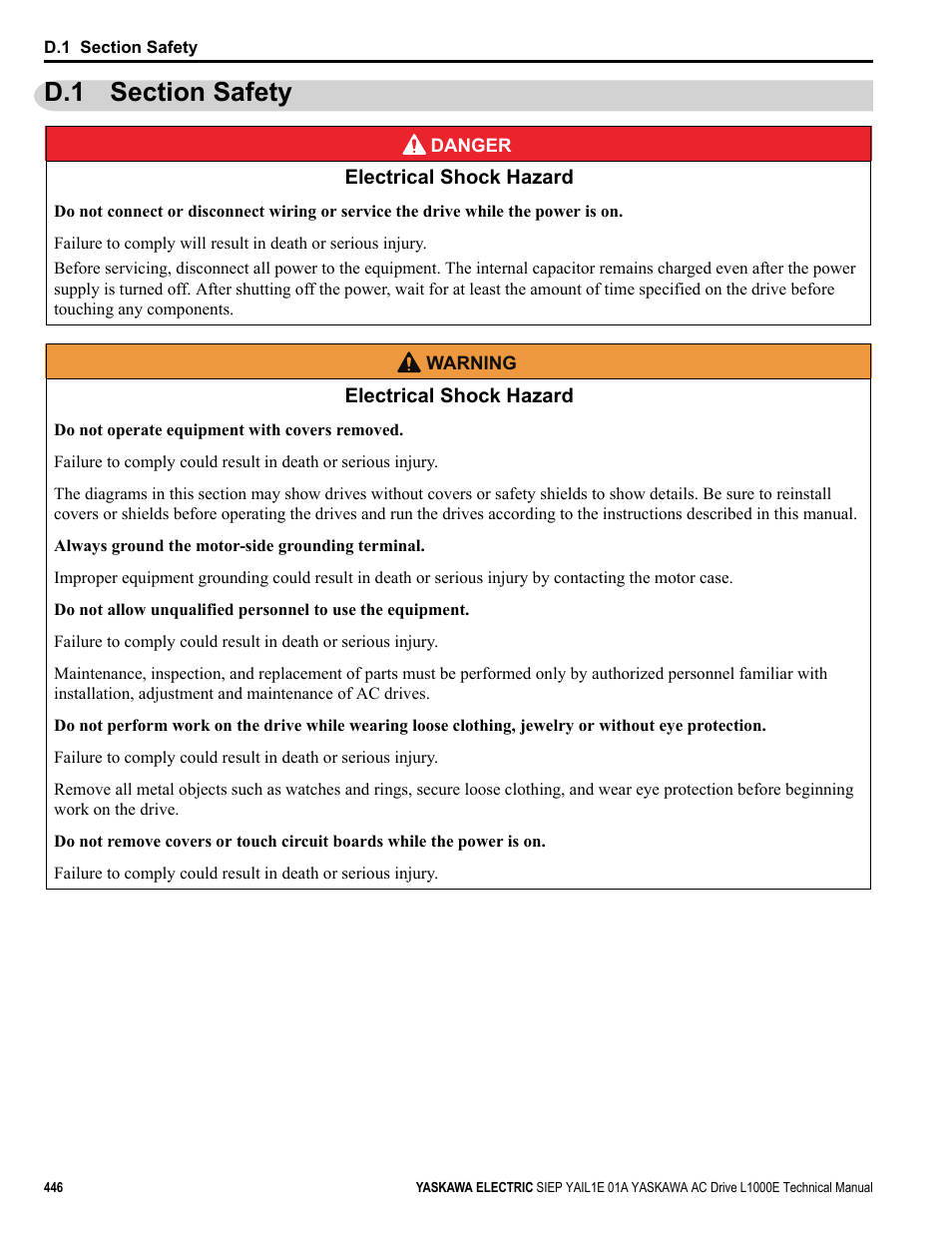 D.1 section safety | Yaskawa L1000E AC Drive Technical Manual for CIMR-LE Models for Elevator Applications User Manual | Page 446 / 488