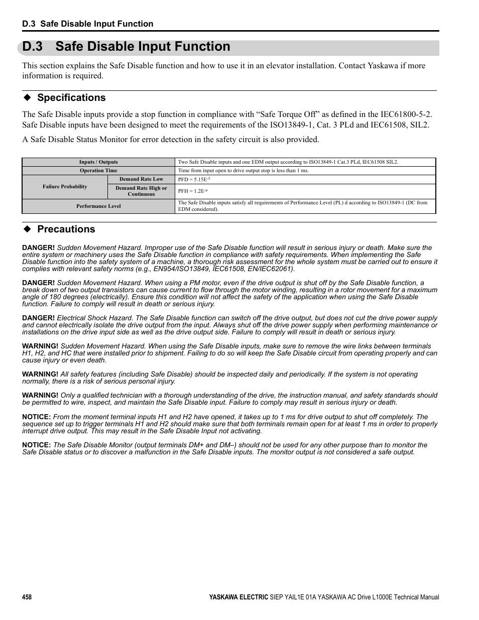 D.3 safe disable input function, Specifications, Precautions | Specifications precautions | Yaskawa L1000E AC Drive Technical Manual for CIMR-LE Models for Elevator Applications User Manual | Page 458 / 488