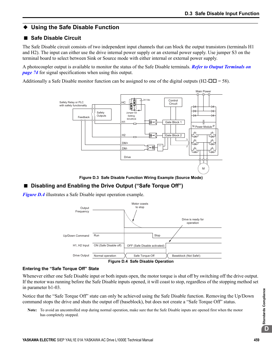 Using the safe disable function, Safe disable circuit, D.3 safe disable input function | Yaskawa L1000E AC Drive Technical Manual for CIMR-LE Models for Elevator Applications User Manual | Page 459 / 488