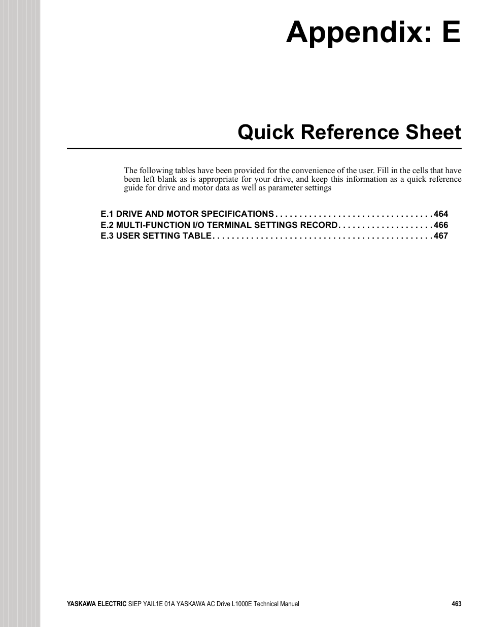 Quick reference sheet, Appendix: e | Yaskawa L1000E AC Drive Technical Manual for CIMR-LE Models for Elevator Applications User Manual | Page 463 / 488