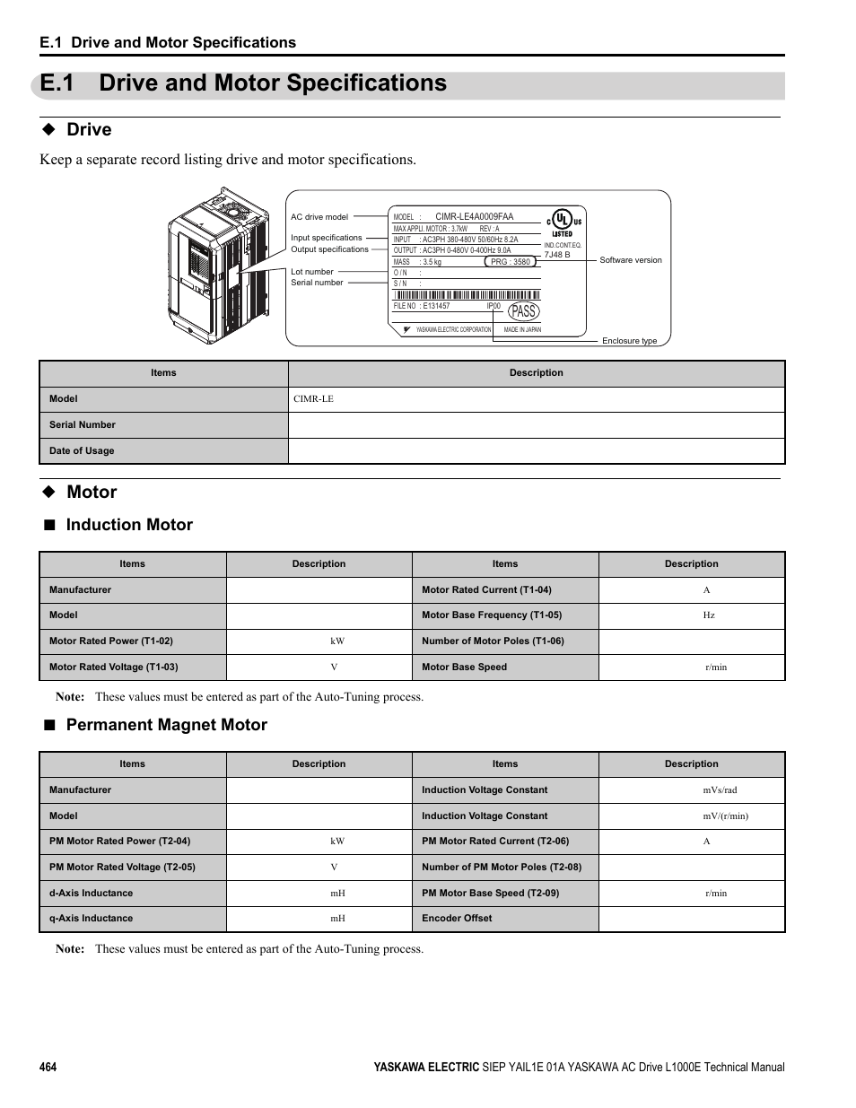 E.1 drive and motor specifications, Drive, Motor | Drive motor, Induction motor, Permanent magnet motor, Pass, Y e a _ t m only | Yaskawa L1000E AC Drive Technical Manual for CIMR-LE Models for Elevator Applications User Manual | Page 464 / 488