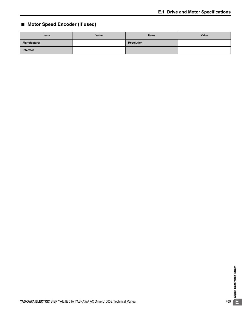 Motor speed encoder (if used), E.1 drive and motor specifications | Yaskawa L1000E AC Drive Technical Manual for CIMR-LE Models for Elevator Applications User Manual | Page 465 / 488