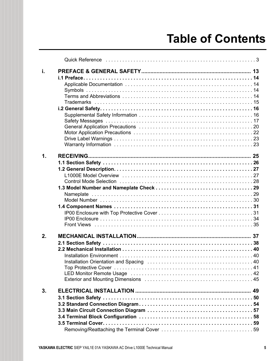 Yaskawa L1000E AC Drive Technical Manual for CIMR-LE Models for Elevator Applications User Manual | Page 5 / 488
