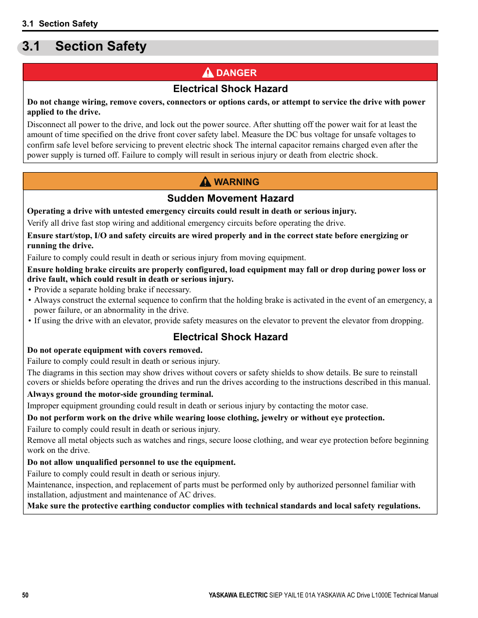 1 section safety | Yaskawa L1000E AC Drive Technical Manual for CIMR-LE Models for Elevator Applications User Manual | Page 50 / 488