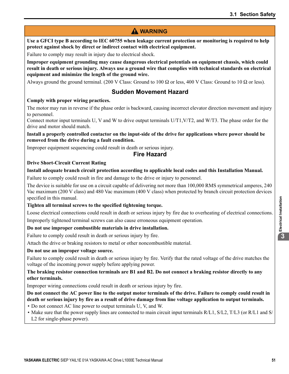 Sudden movement hazard, Fire hazard, W arning | Yaskawa L1000E AC Drive Technical Manual for CIMR-LE Models for Elevator Applications User Manual | Page 51 / 488