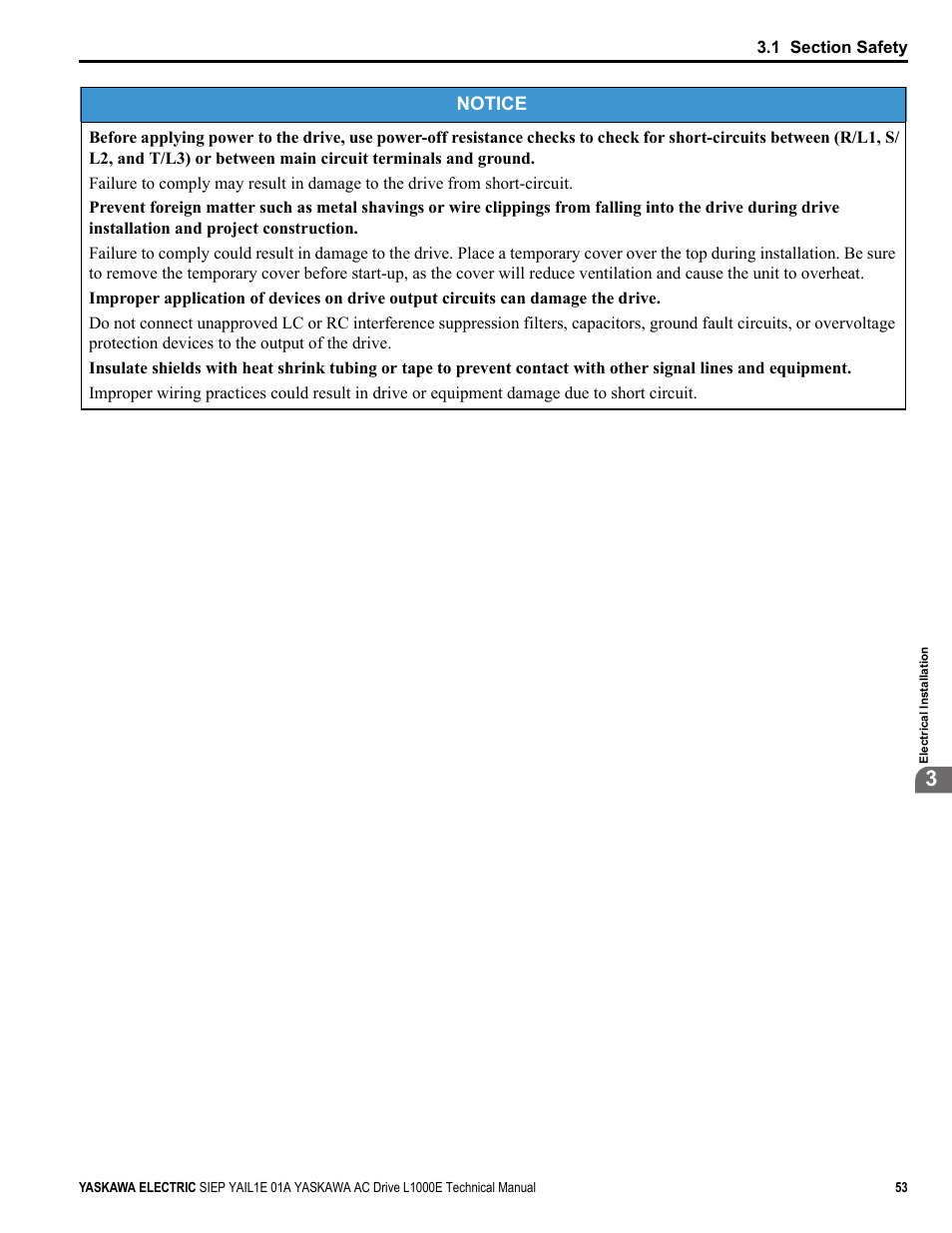 Notice | Yaskawa L1000E AC Drive Technical Manual for CIMR-LE Models for Elevator Applications User Manual | Page 53 / 488