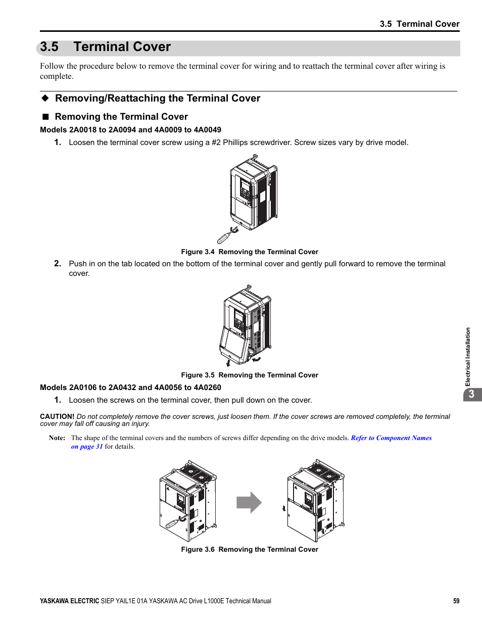 5 terminal cover, Removing/reattaching the terminal cover, Removing the terminal cover | Yea_common | Yaskawa L1000E AC Drive Technical Manual for CIMR-LE Models for Elevator Applications User Manual | Page 59 / 488