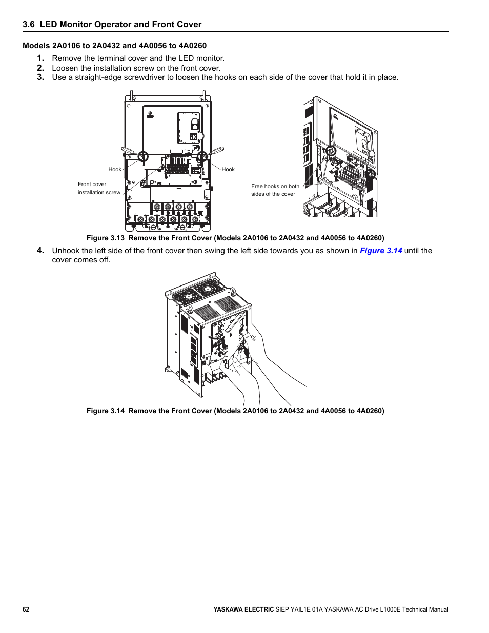 6 led monitor operator and front cover | Yaskawa L1000E AC Drive Technical Manual for CIMR-LE Models for Elevator Applications User Manual | Page 62 / 488