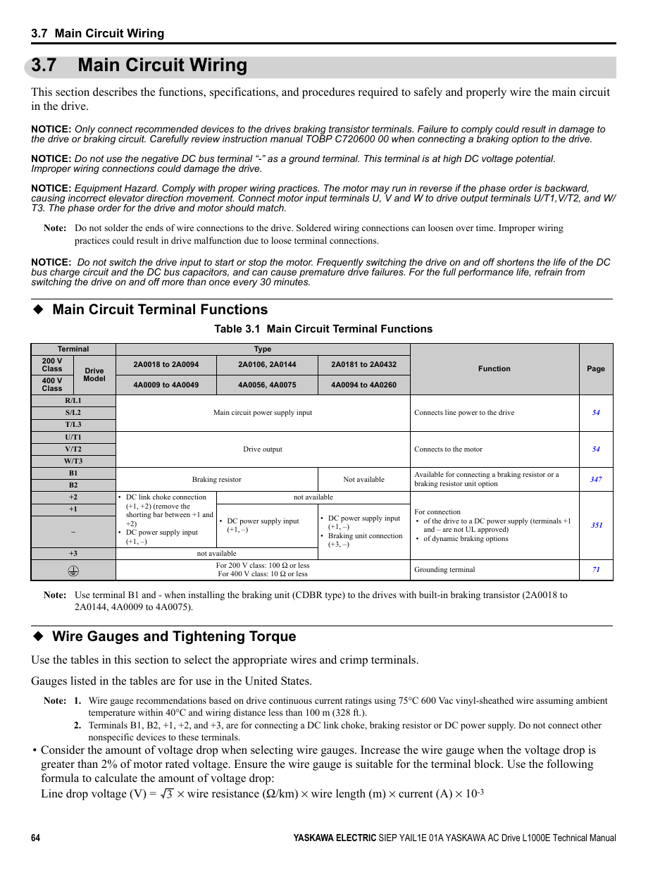 7 main circuit wiring, Main circuit terminal functions, Wire gauges and tightening torque | Yaskawa L1000E AC Drive Technical Manual for CIMR-LE Models for Elevator Applications User Manual | Page 64 / 488