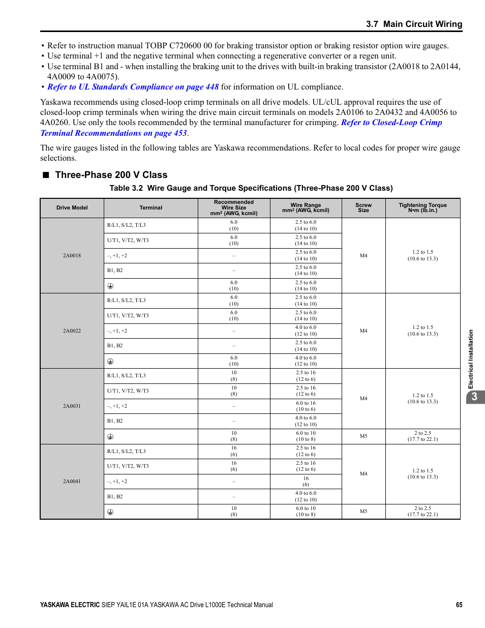 Three-phase 200 v class, 7 main circuit wiring | Yaskawa L1000E AC Drive Technical Manual for CIMR-LE Models for Elevator Applications User Manual | Page 65 / 488