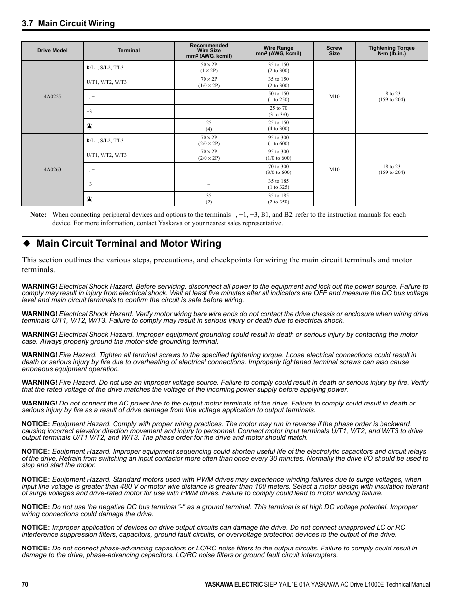 Main circuit terminal and motor wiring, 7 main circuit wiring | Yaskawa L1000E AC Drive Technical Manual for CIMR-LE Models for Elevator Applications User Manual | Page 70 / 488