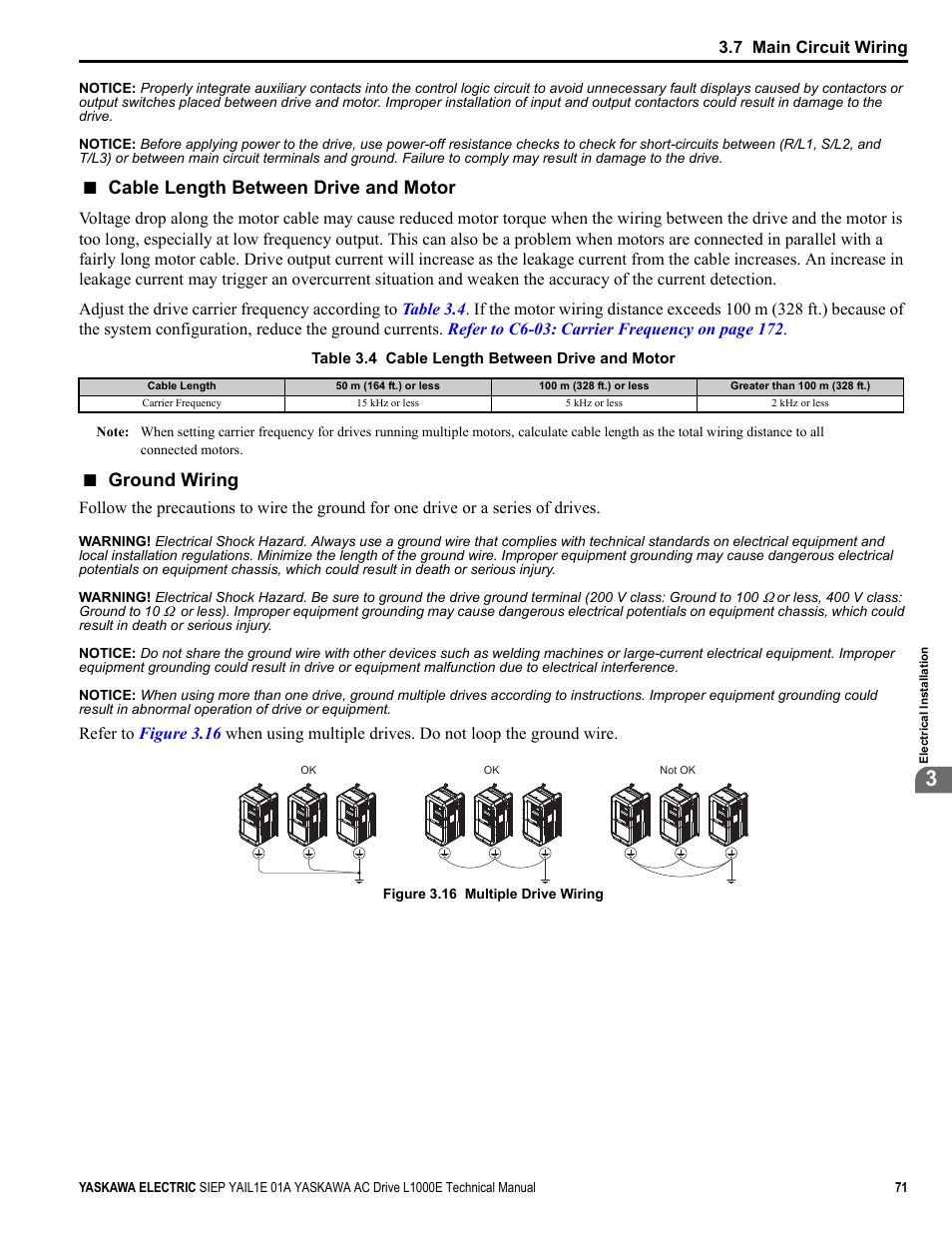 Cable length between drive and motor, Ground wiring, 7 main circuit wiring | Yaskawa L1000E AC Drive Technical Manual for CIMR-LE Models for Elevator Applications User Manual | Page 71 / 488