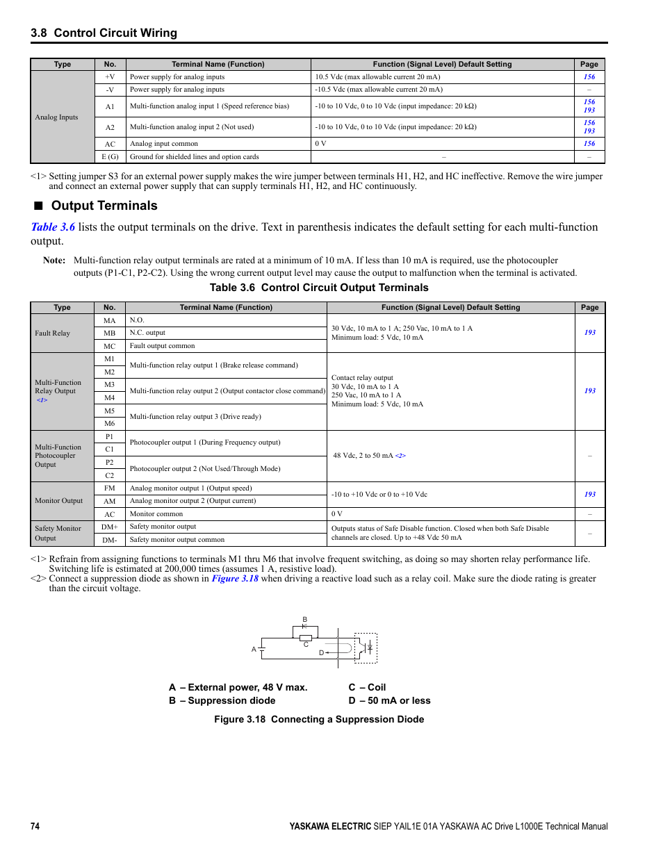 Output terminals, Yea_common, 8 control circuit wiring | Table 3.6 control circuit output terminals | Yaskawa L1000E AC Drive Technical Manual for CIMR-LE Models for Elevator Applications User Manual | Page 74 / 488