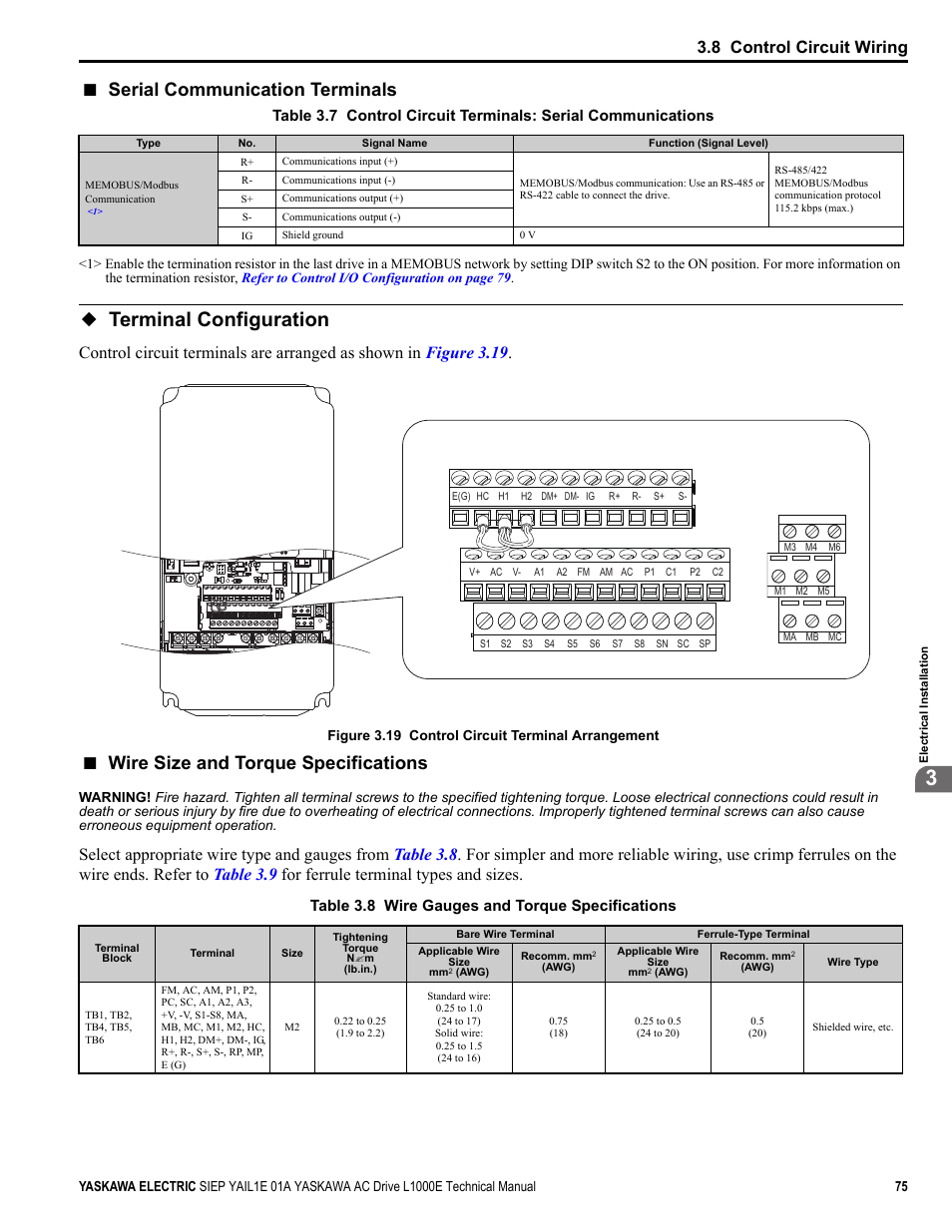 Terminal configuration, Serial communication terminals, Wire size and torque specifications | Yea_common, 8 control circuit wiring, Table 3.8 wire gauges and torque specifications | Yaskawa L1000E AC Drive Technical Manual for CIMR-LE Models for Elevator Applications User Manual | Page 75 / 488