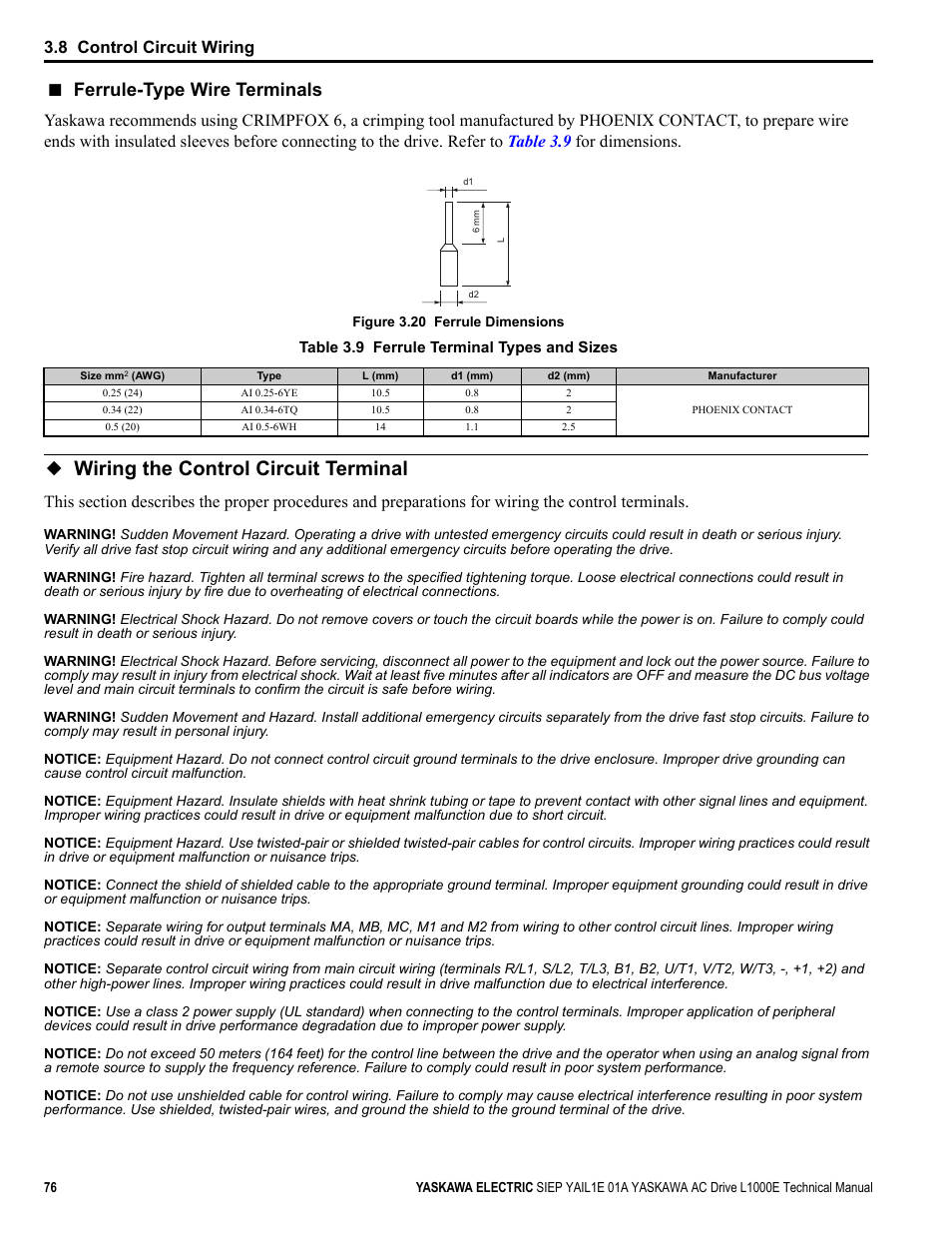 Wiring the control circuit terminal, Table 3.9, Ferrule-type wire terminals | Yea_common, 8 control circuit wiring | Yaskawa L1000E AC Drive Technical Manual for CIMR-LE Models for Elevator Applications User Manual | Page 76 / 488