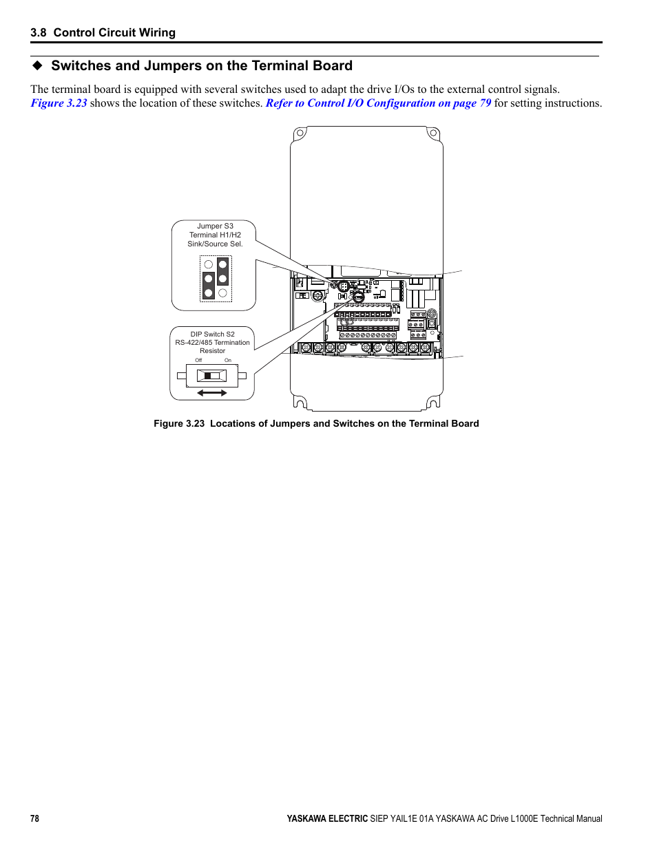 Switches and jumpers on the terminal board, Yea_ com, 8 control circuit wiring | Yaskawa L1000E AC Drive Technical Manual for CIMR-LE Models for Elevator Applications User Manual | Page 78 / 488