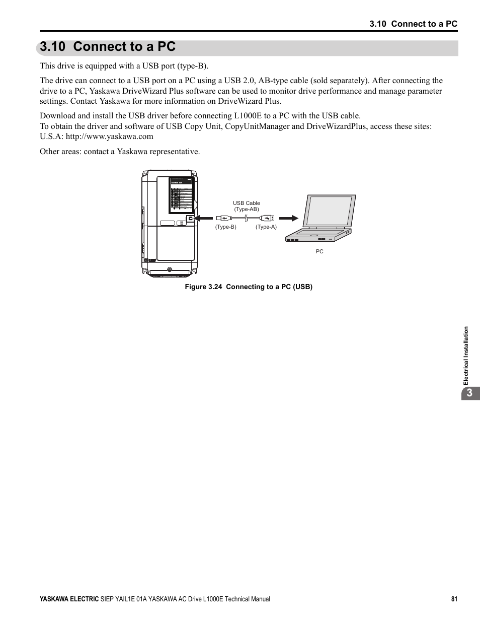 10 connect to a pc | Yaskawa L1000E AC Drive Technical Manual for CIMR-LE Models for Elevator Applications User Manual | Page 81 / 488