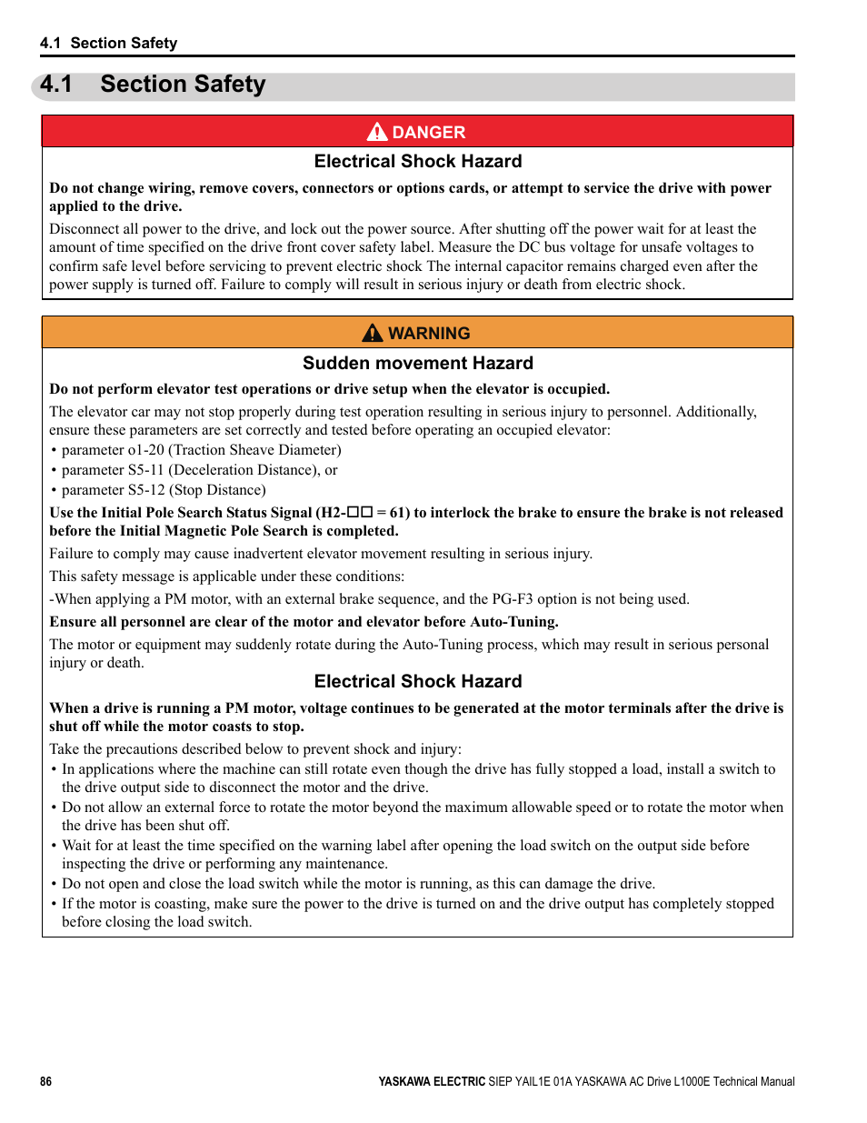 1 section safety | Yaskawa L1000E AC Drive Technical Manual for CIMR-LE Models for Elevator Applications User Manual | Page 86 / 488