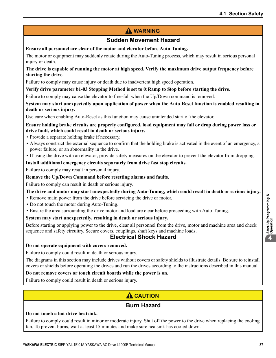 Sudden movement hazard, Electrical shock hazard, Burn hazard | W arning, Caution | Yaskawa L1000E AC Drive Technical Manual for CIMR-LE Models for Elevator Applications User Manual | Page 87 / 488