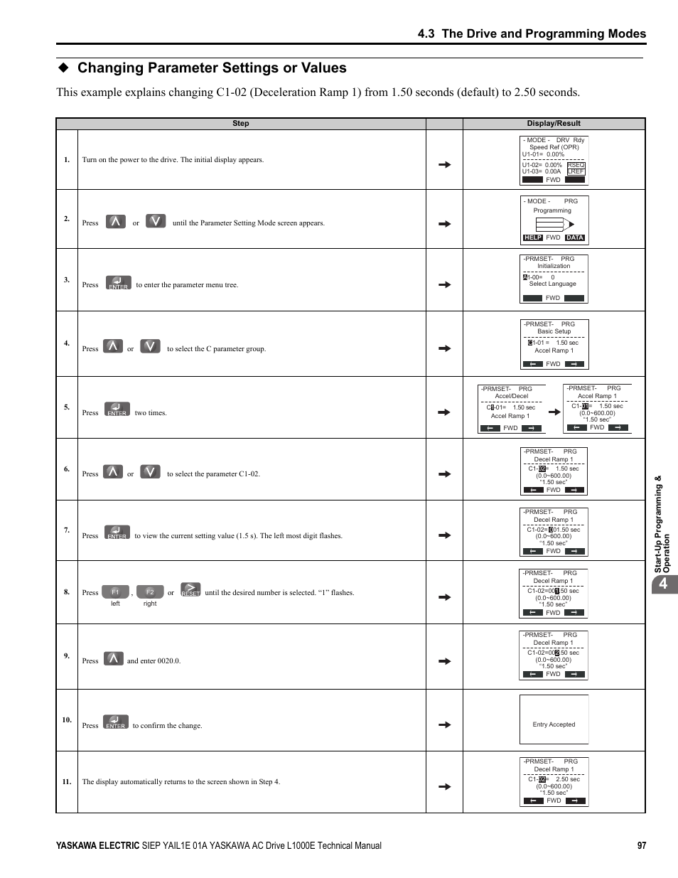 Changing parameter settings or values, 3 the drive and programming modes | Yaskawa L1000E AC Drive Technical Manual for CIMR-LE Models for Elevator Applications User Manual | Page 97 / 488