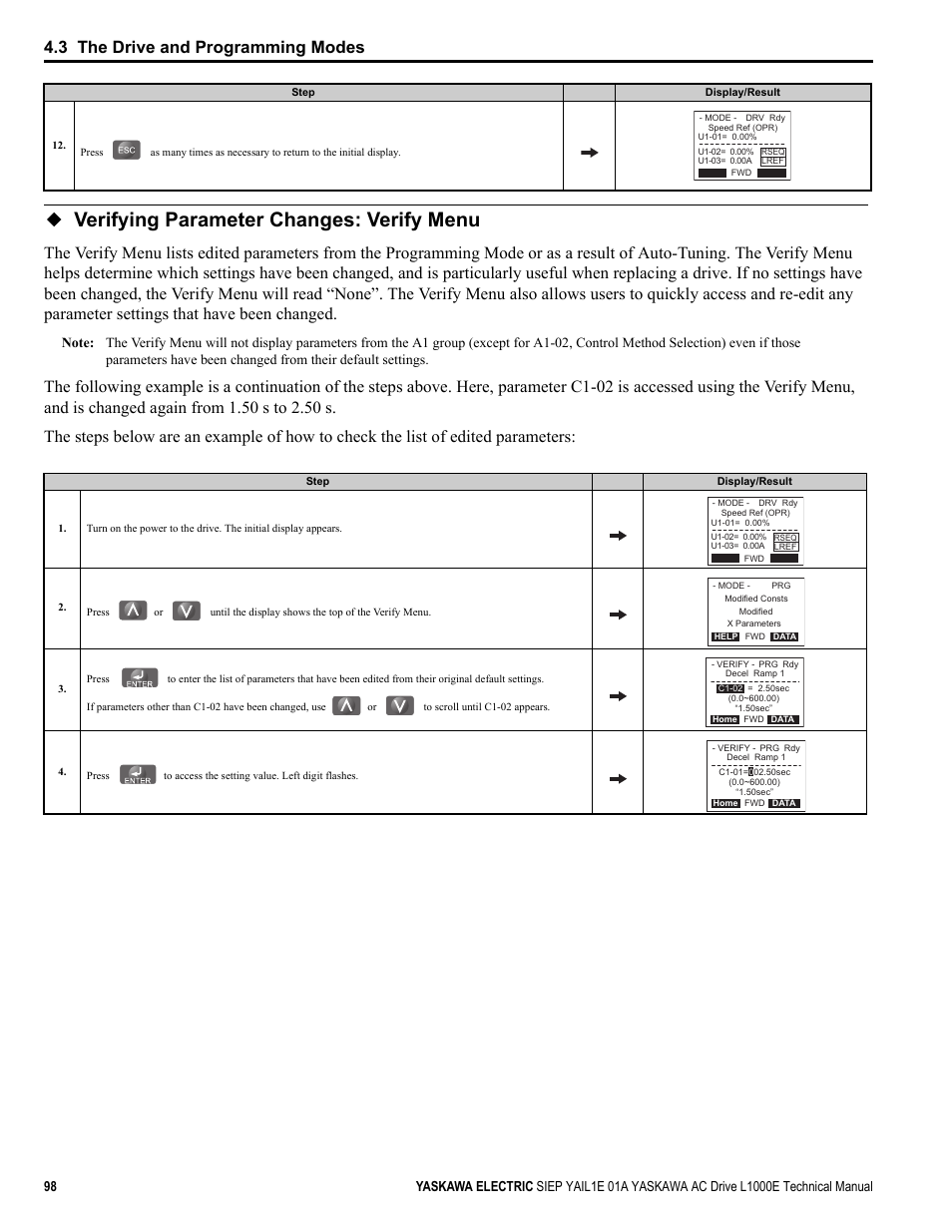 Verifying parameter changes: verify menu, Refer to verifying parameter, 3 the drive and programming modes | Yaskawa L1000E AC Drive Technical Manual for CIMR-LE Models for Elevator Applications User Manual | Page 98 / 488