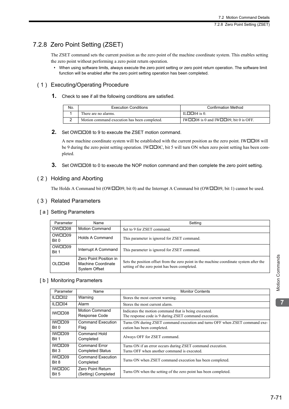 8 zero point setting (zset), 1 ) executing/operating procedure, 2 ) holding and aborting | 3 ) related parameters | Yaskawa JAPMC-MC2300 User Manual | Page 211 / 373