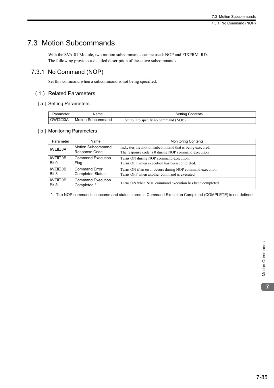 3 motion subcommands, 1 no command (nop), 1 ) related parameters | Yaskawa JAPMC-MC2300 User Manual | Page 225 / 373