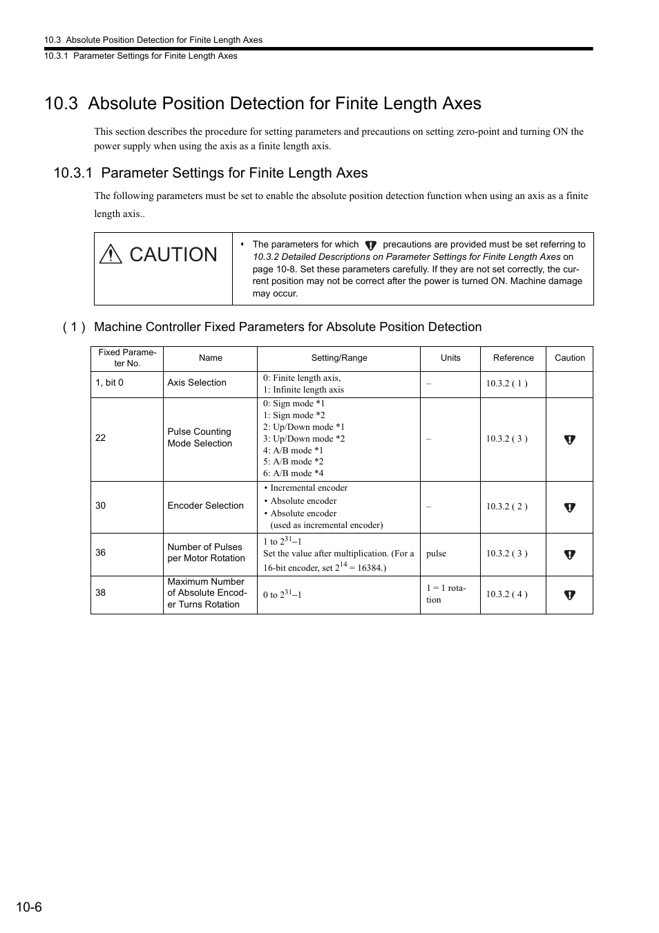 1 parameter settings for finite length axes, Caution | Yaskawa JAPMC-MC2300 User Manual | Page 277 / 373