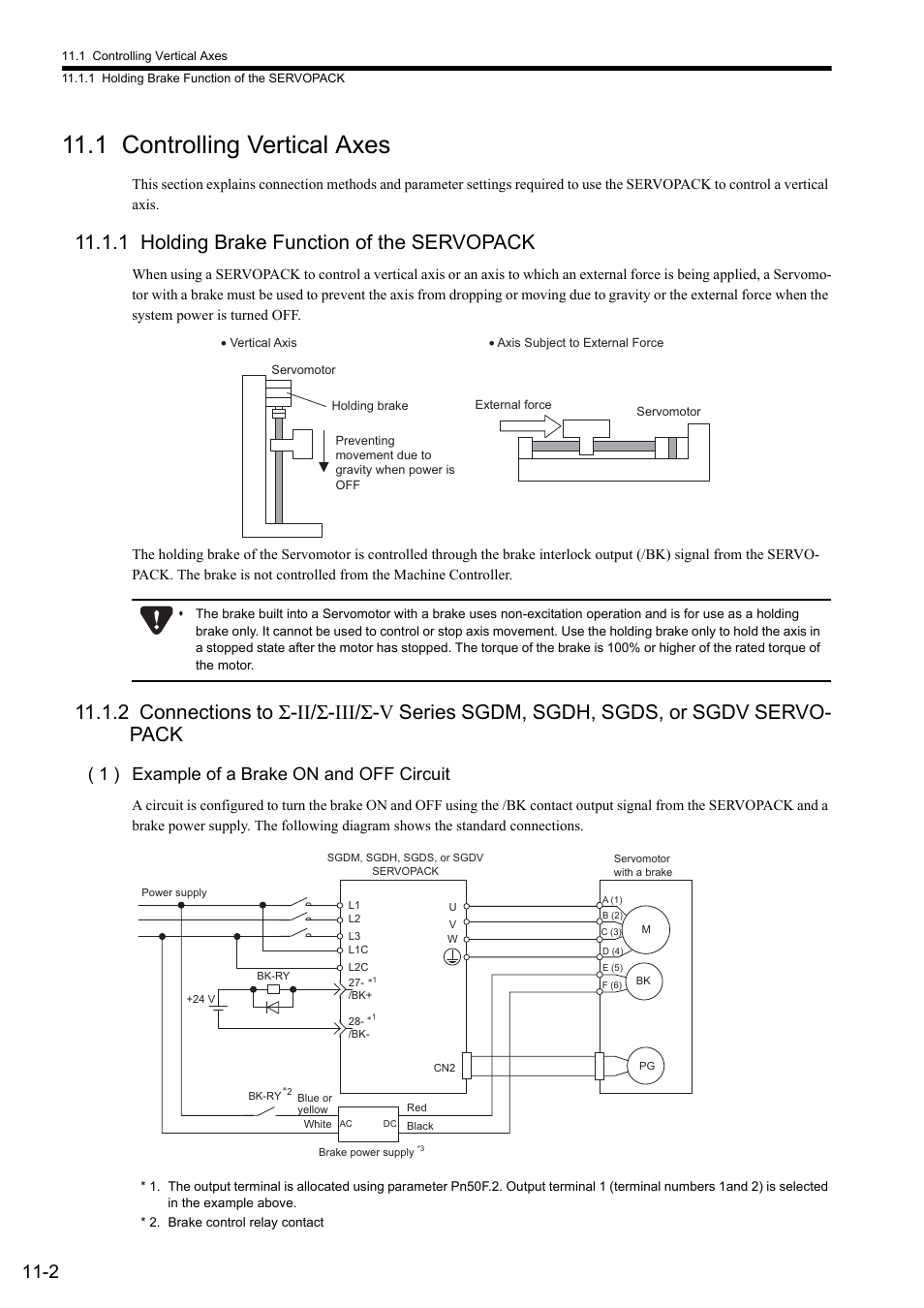 1 controlling vertical axes, 1 holding brake function of the servopack, 1 ) example of a brake on and off circuit | Yaskawa JAPMC-MC2300 User Manual | Page 302 / 373