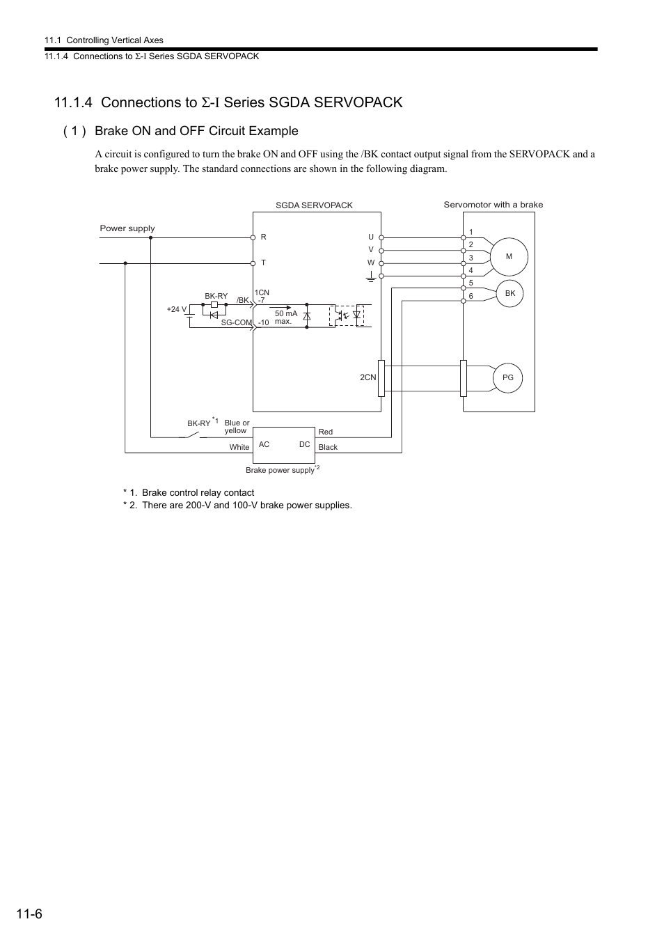 4 connections to sigma-i series sgda servopack, 4 connections to σ-i series sgda servopack, 1 ) brake on and off circuit example | Yaskawa JAPMC-MC2300 User Manual | Page 306 / 373
