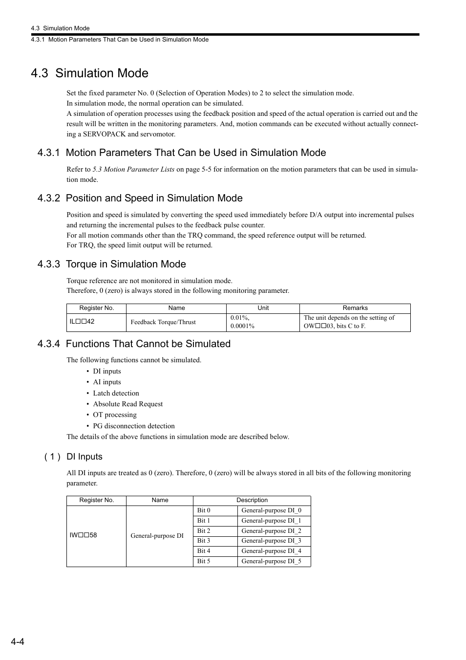 3 simulation mode, 2 position and speed in simulation mode, 3 torque in simulation mode | 4 functions that cannot be simulated, 1 ) di inputs | Yaskawa JAPMC-MC2300 User Manual | Page 64 / 373