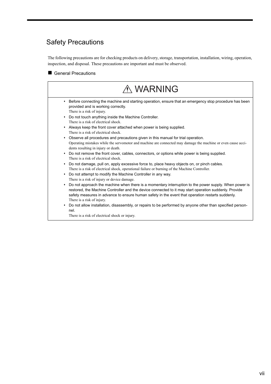 Safety precautions, Warning | Yaskawa JAPMC-MC2300 User Manual | Page 7 / 373
