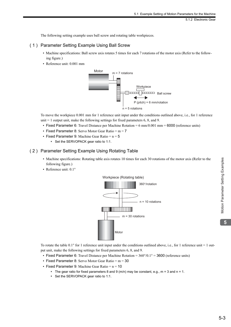 1 ) parameter setting example using ball screw, 2 ) parameter setting example using rotating table | Yaskawa MP2000 Series: Built-in SVB or SVB-01 Motion Module User Manual | Page 150 / 543
