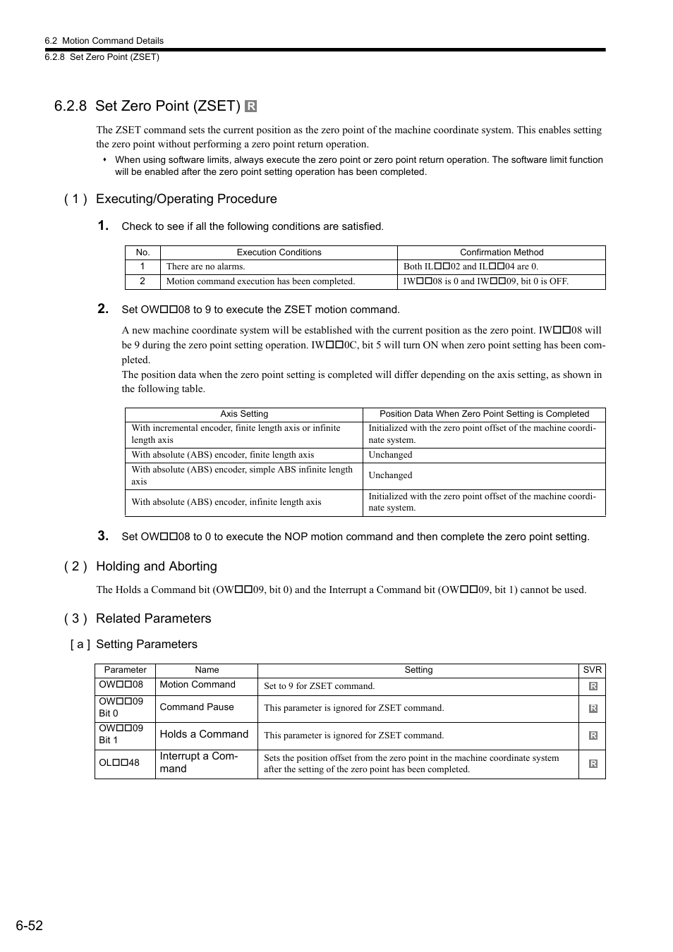 8 set zero point (zset), 1 ) executing/operating procedure, 2 ) holding and aborting | 3 ) related parameters | Yaskawa MP2000 Series: Built-in SVB or SVB-01 Motion Module User Manual | Page 213 / 543