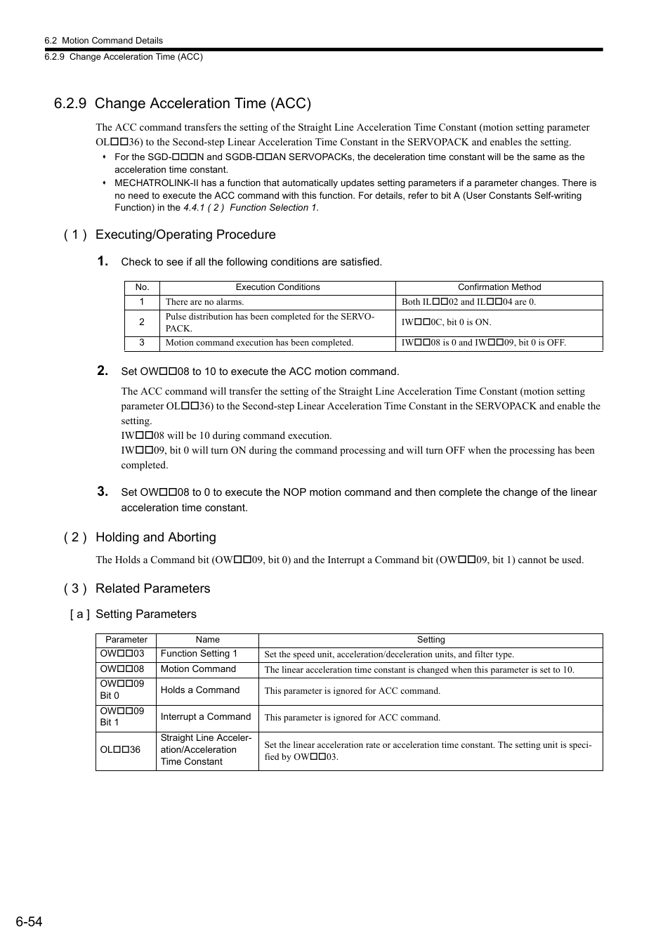 9 change acceleration time (acc), 1 ) executing/operating procedure, 2 ) holding and aborting | 3 ) related parameters | Yaskawa MP2000 Series: Built-in SVB or SVB-01 Motion Module User Manual | Page 215 / 543